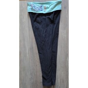 VS PINK Black Yoga Foldover Leggings W/Teal Waistband & Rhinestone Logo Women XS